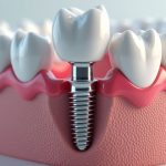 A detailed cross-sectional medical illustration of a dental implant procedure in Turkey, showing a titanium implant embedded into the jawbone, surrounded by gum tissue and adjacent natural teeth. This photorealistic image demonstrates the precision and quality of implant dentistry performed in top Turkish clinics.