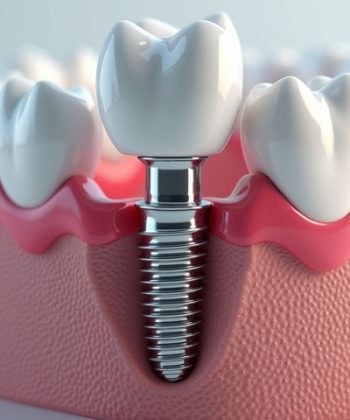 A detailed cross-sectional medical illustration of a dental implant procedure in Turkey, showing a titanium implant embedded into the jawbone, surrounded by gum tissue and adjacent natural teeth. This photorealistic image demonstrates the precision and quality of implant dentistry performed in top Turkish clinics.