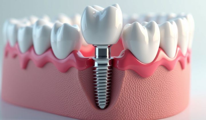 A detailed cross-sectional medical illustration of a dental implant procedure in Turkey, showing a titanium implant embedded into the jawbone, surrounded by gum tissue and adjacent natural teeth. This photorealistic image demonstrates the precision and quality of implant dentistry performed in top Turkish clinics.