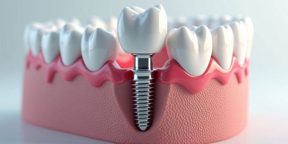 A detailed cross-sectional medical illustration of a dental implant procedure in Turkey, showing a titanium implant embedded into the jawbone, surrounded by gum tissue and adjacent natural teeth. This photorealistic image demonstrates the precision and quality of implant dentistry performed in top Turkish clinics.