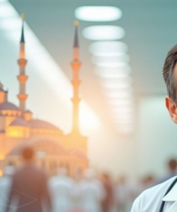 This image captures the essence of Turkey as a global hub for medical tourism. A modern hospital setting reflects the country's advanced healthcare infrastructure and international standards. The friendly interaction between the Turkish doctor and the international patient highlights trust and hospitality. In the background, iconic landmarks like Hagia Sophia and subtle cultural details emphasize Turkey’s unique blend of care and culture. From hair transplants to dental and eye treatments, Turkey offers a complete healing journey in a beautiful setting.