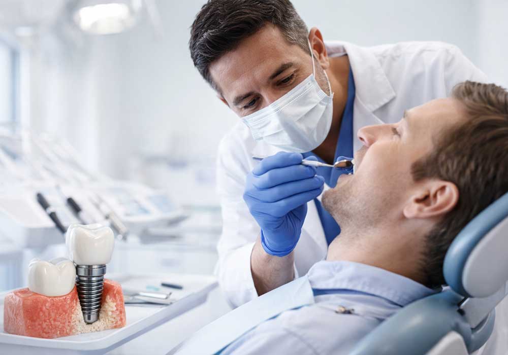 Dentist examining patient during a dental implant procedure in a modern clinic in Turkey