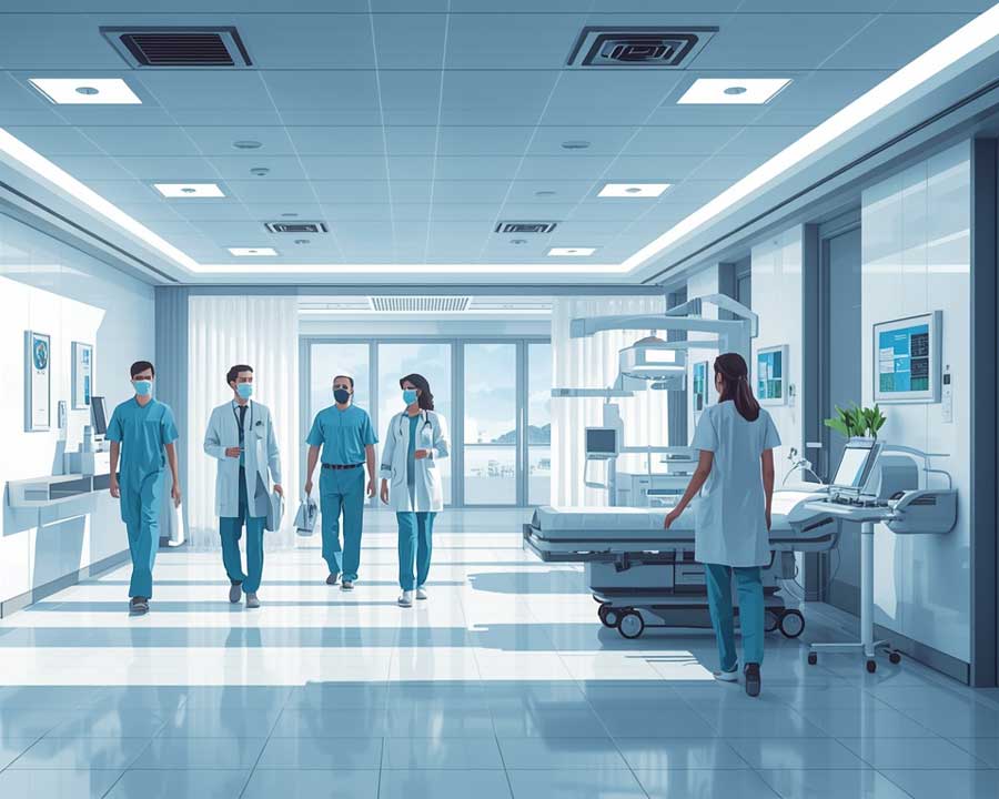 Healthcare system in Turkey with international patients receiving treatment in a modern private hospital environment