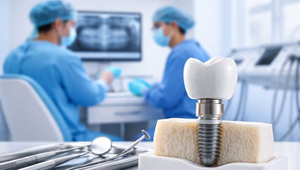 Dental implant model with a ceramic crown placed in jawbone inside a modern dental implant clinic with dental professionals and equipment in the background.