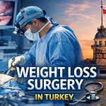 Bariatric surgeon performing laparoscopic weight loss surgery with Istanbul skyline, representing bariatric surgery turkey and Gastric Sleeve Turkey for international patients.