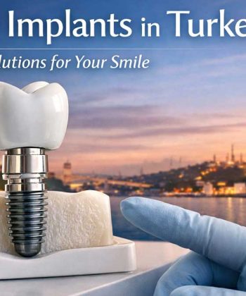 Dental implant model with a ceramic crown and titanium implant placed in bone, symbolizing advanced dental implant treatment in Turkey with Istanbul skyline in the background.